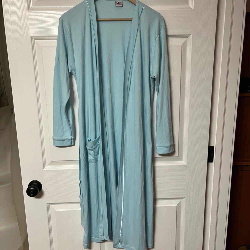 Fapi Home Wear Robe Kimono Style‎ Light Blue Striped Midi Length Size S